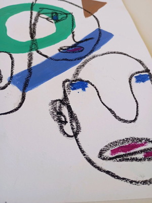 One line faces acrylic and oil pastel on A4 watercolor paper new