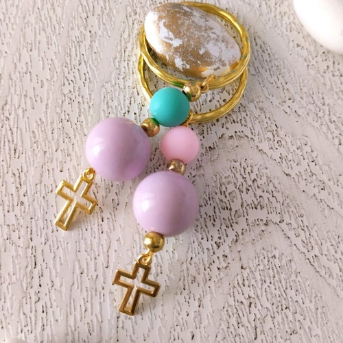 Handmade baptism keychains with large lilac bead and colorful smaller beads new