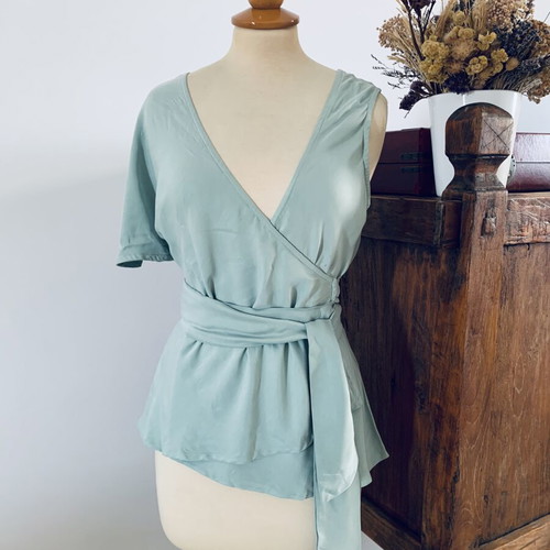 Ioanna Kourbela wrap blouse new, size S, aqua color with stain