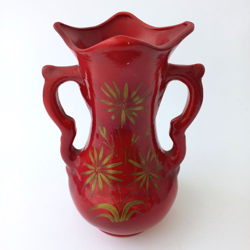 Handmade ceramic vase vintage used, red hand-painted