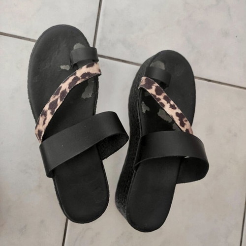 Genuine Leather Handmade Platform Flatform Sandals Black Leopard, Like New