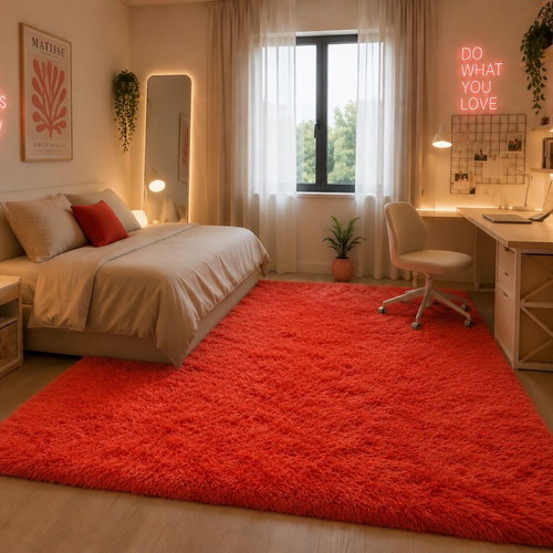 Wool flokati rug coral red like new, 3.00 x 1.80 m