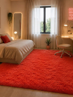 Wool flokati rug coral red like new, 3.00 x 1.80 m