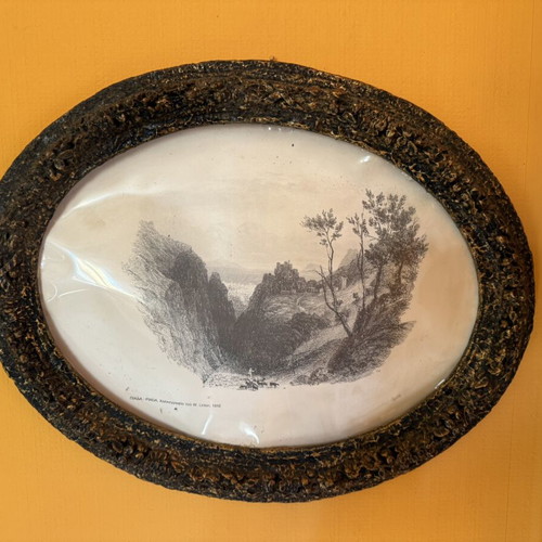 Vintage oval frame with used reproduction of W. Linton's 1842 chalcography Piada