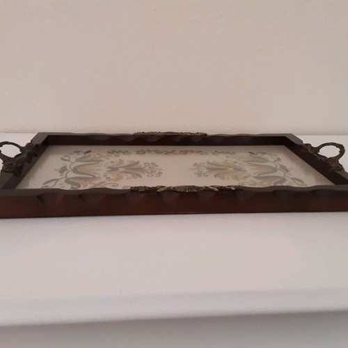 Wooden tray with handmade embroidery used, vintage