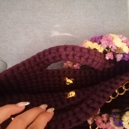 Handmade crochet handbag in eggplant color with gold details