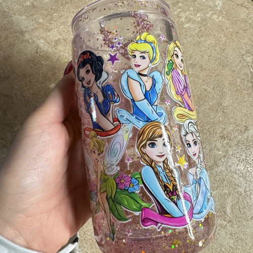 Disney glitter cup new with lid and straw holder