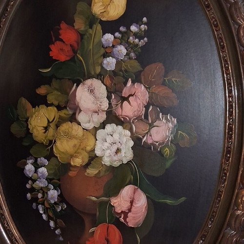R. Rosini Large Collectible Italian Oil Painting on Wood with Flowers like new