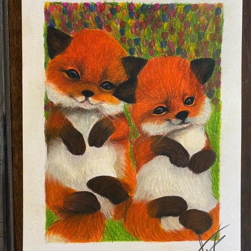Fox Pups drawing new, A5 size with acrylic varnish