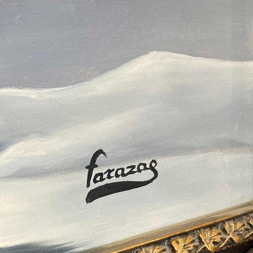 Vintage wall painting used with winter landscape in carved frame 90x150