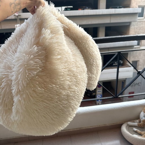Set of 2 white fur pouf stools used