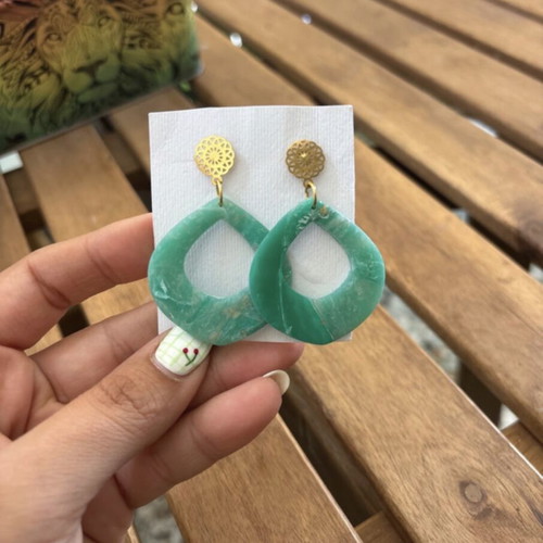 Polymer clay earrings like new, green with gold clasp