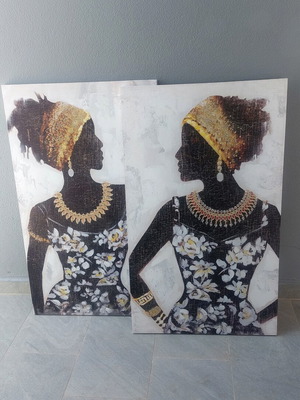 Diptych art prints new, African women on canvas with wooden frame