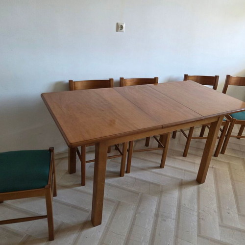 Vintage extendable dining table with 5 chairs used, one needs repair