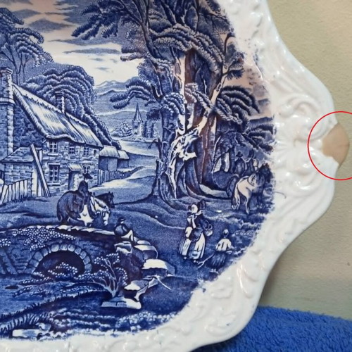 Old Foley Staffordshire cake plate by James Kent used, blue village scene