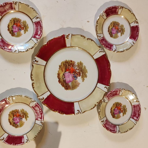 Vintage Winterlink porcelain set used, serving platter and 4 Victorian style plates