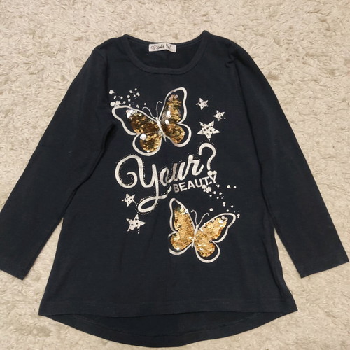 Long blouse with butterfly sequin design like new, blue, size 122 cm