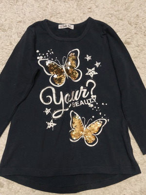 Long blouse with butterfly sequin design like new, blue, size 122 cm