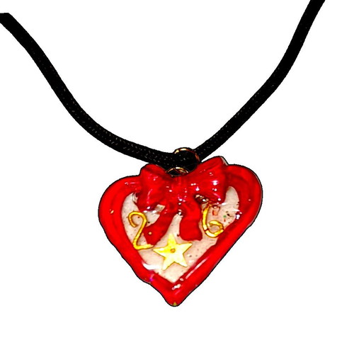 Handmade 2026 lucky charm necklace with heart of polymer clay and resin on black cord