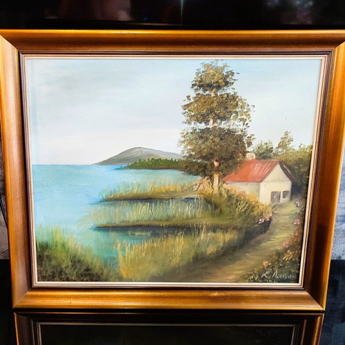 Oil painting on canvas signed by S. Loukisa, used, 70×60 cm with frame