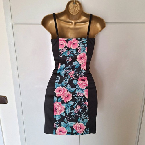 Floral dress black new, size 36/38, satin with lace trim