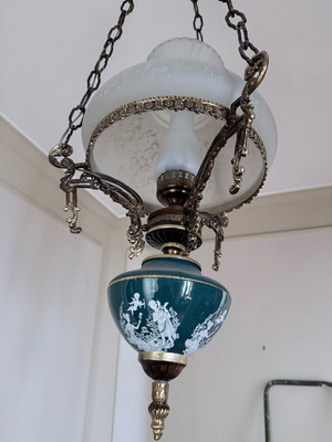 Vintage Victorian pendant light with green decorative glass like new