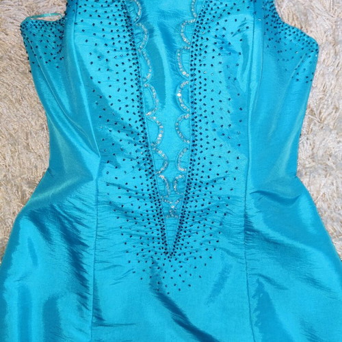 Strapless satin dress turquoise like new with embroidery and rhinestones