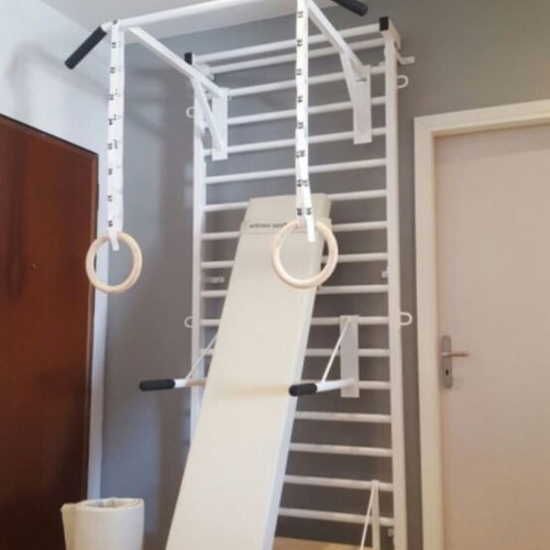 Gym Pull-Up Bar used with bench, yoga mat, rings, and stepper