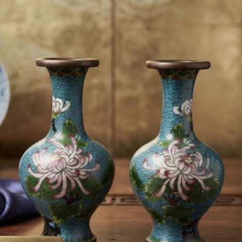 Vintage Chinese Cloisonné Enamel Floral Vases, pair 17cm