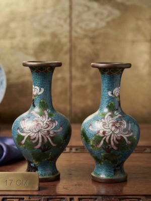 Vintage Chinese Cloisonné Enamel Floral Vases, pair 17cm