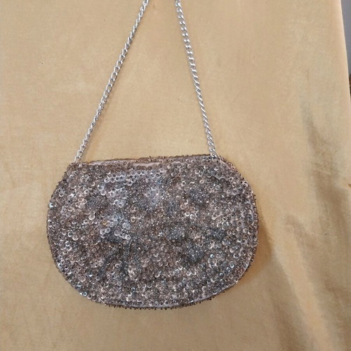 Women’s evening bag silver hand-held like new with beads and sequins