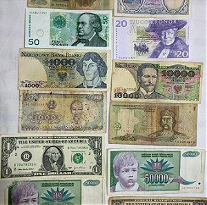 14 Χαρτονομίσματα Από Διάφορές Χώρες Σετ Αίγυπτο Πολωνία Νορβηγία Σουηδία Ουκρανία Ινδία Αμερική