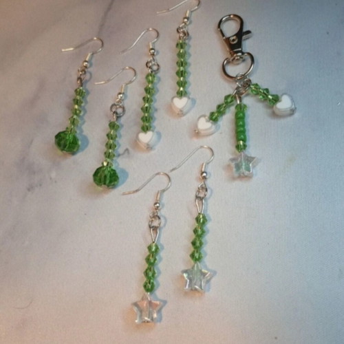 Handmade magic set with keychain and earrings, new, green and silver