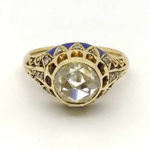 Vintage solitaire ring with 1.10ct diamond and blue enamel