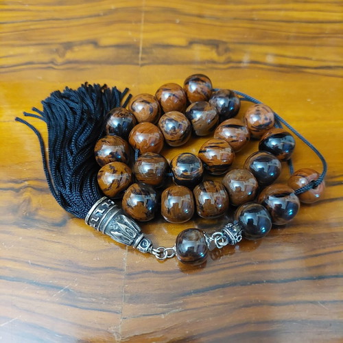 Worry beads 21+4 beads brown obsidian with metal elements and black tassel new