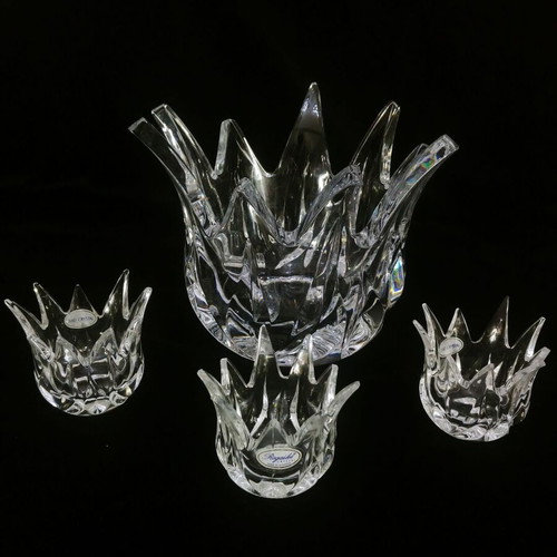 Rogaska Lotus bowl and three lead crystal candlesticks like new