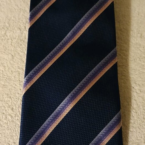 Thomas Scott men's tie new, dark blue with pink and purple stripes, 100% silk
