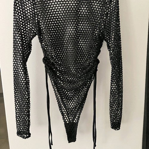 Fishnet bodysuit new, black, long-sleeve with adjustable laces