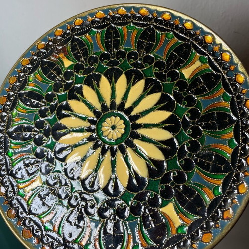 Decorative wall plate collectible with Byzantine mosaic, brass and enamel