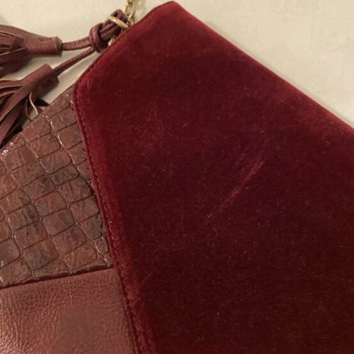 Clutch bag crossbody like new, burgundy suede and faux leather with crocodile texture