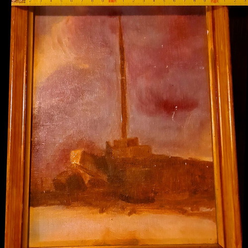 Vintage oil painting industrial landscape with wooden frame used