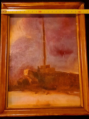 Vintage oil painting industrial landscape with wooden frame used