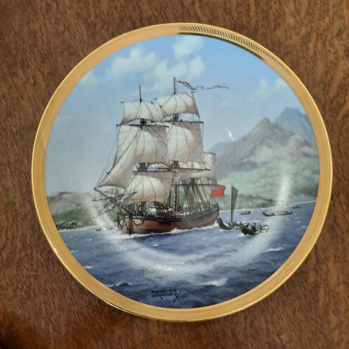 Set of 3 large collectible porcelain plates with 18th century sailing ship illustrations