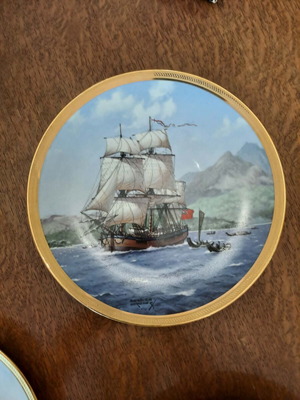 Set of 3 large collectible porcelain plates with 18th century sailing ship illustrations