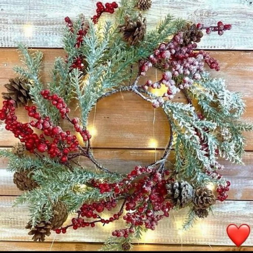 Snowy wreath berries & pinecones 50x50 cm new
