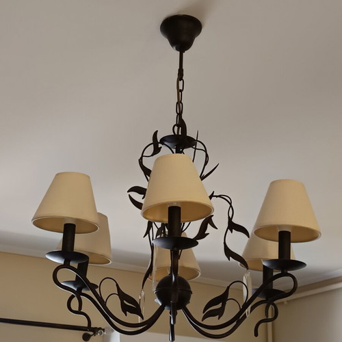 Chandelier with six ivory lampshades, rustic metal and crystal leaves, like new