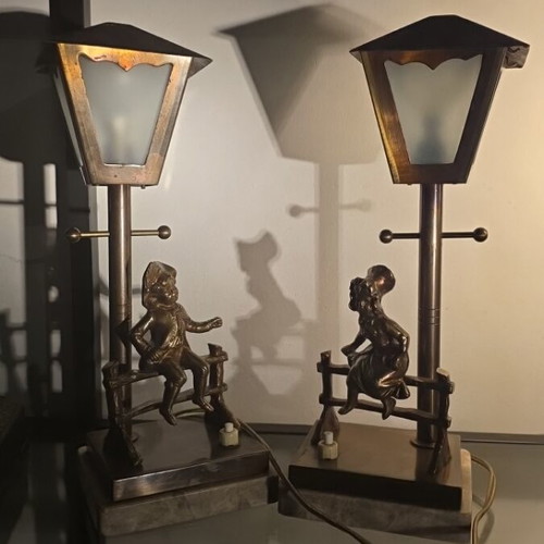 Bronze Art Deco Table Lamps, pair, circa 1930
