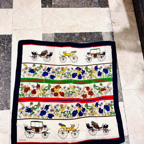 Mantero vintage silk scarf with antique carriages and colorful floral motifs