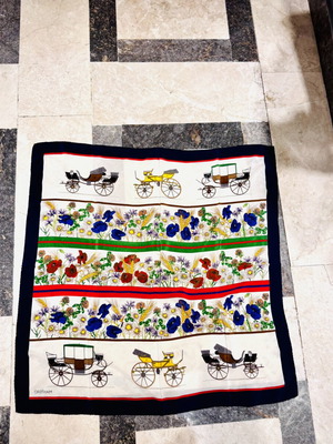 Mantero vintage silk scarf with antique carriages and colorful floral motifs