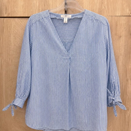 H&M Striped Blouse with Sleeve Ties like new, white and blue